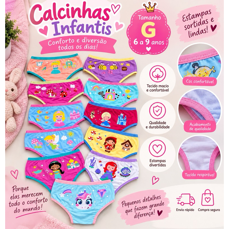 Calcinhas Infantis Menina Algodão Premium Estampadas Confortáveis e Macias Estampas Variadas