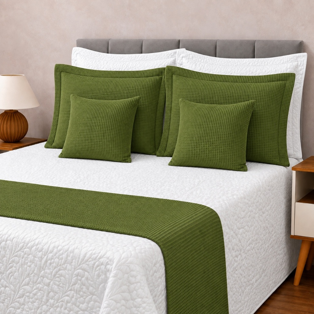 Kit Peseira estilo Piquet 05 e 03 Pcs cama roupa de cama c/ 2 Porta Travesseiros e 2 Almofadas Decorativas