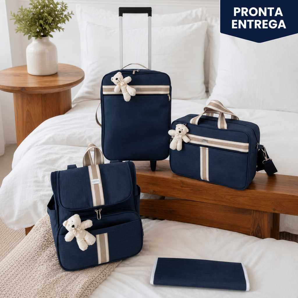 kit bolsa maternidade mala rodinha azul marinho faixa bege listrado