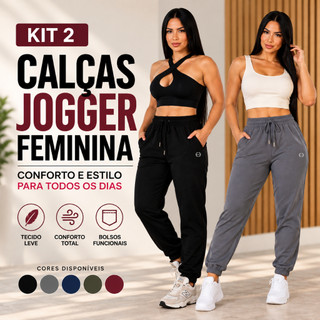 Kit 2 Calças Jogger Feminina Tactel Elastano Leve Confortável Academia Dia a Dia Com Bolsos Premium