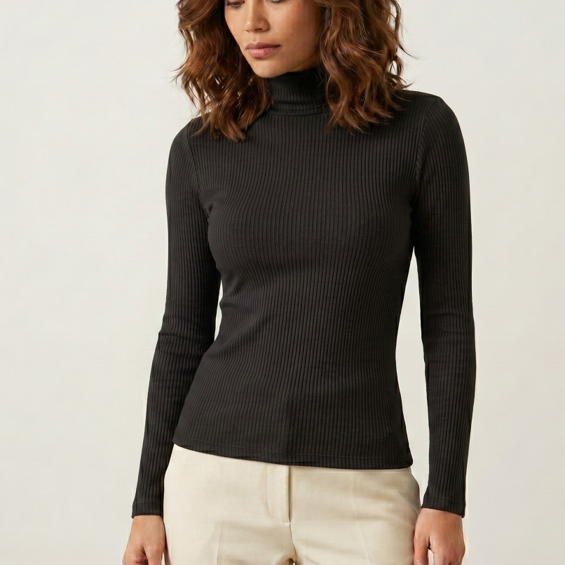Blusa Cacharrel Feminina Manga Longa com Gola Alta Canelada Confortável Para o Inverno