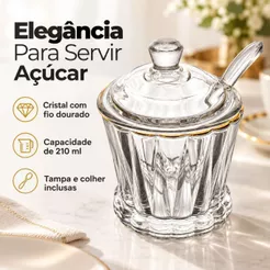 Açucareiro de Cristal com Fio de Ouro 10cm Lyor Porta Açúcar com Tampa de Mesa Posta
