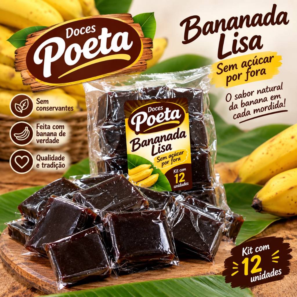 KIT COM 12 UNIDADES DE BANANINHAS / SEM AÇUCAR LISA GOSTINHO DA INFANCIA - POETA