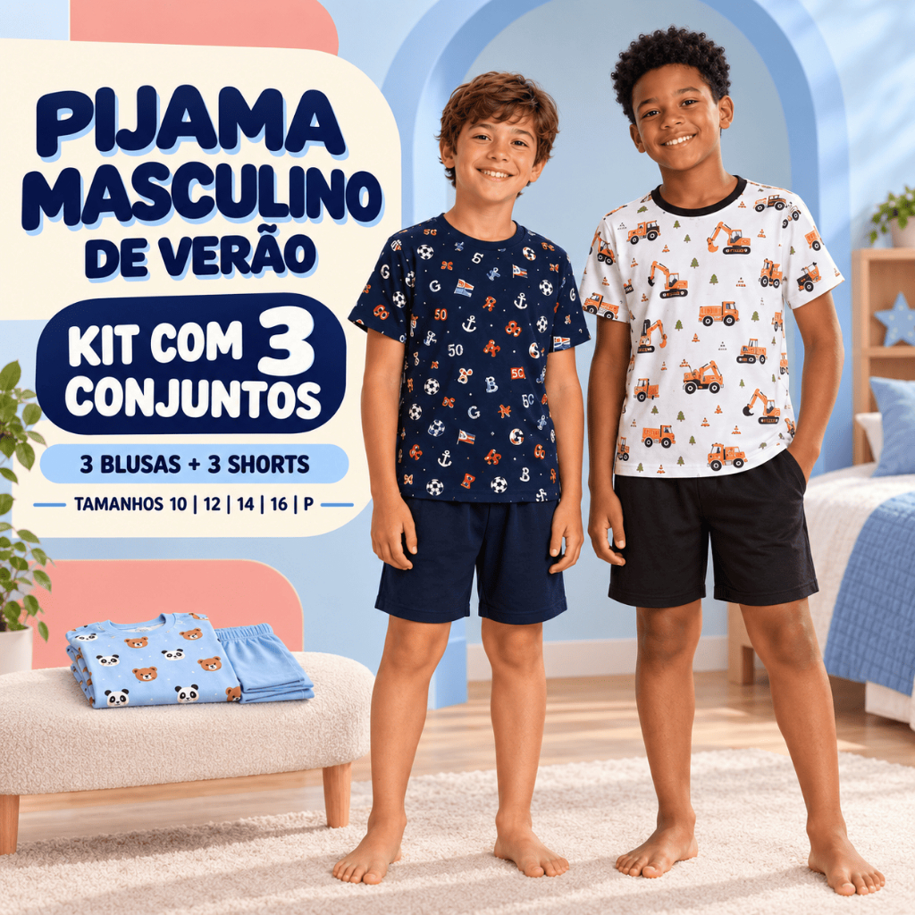 Kit com 3 Pijamas Infantis Masculinos de Verão em Poliéster, Manga Curta, Estampas Sortidas, Tamanhos 02 a 16
