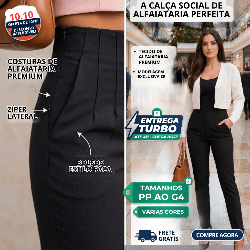 Calça Feminina Cor Preta Alfaiataria Cintura Alta Social Plus Size  Elegante ZR com bolso Ziper