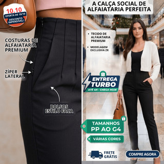 Calça Feminina Cor Preta Alfaiataria Cintura Alta Social Plus Size  Elegante ZR com bolso Ziper