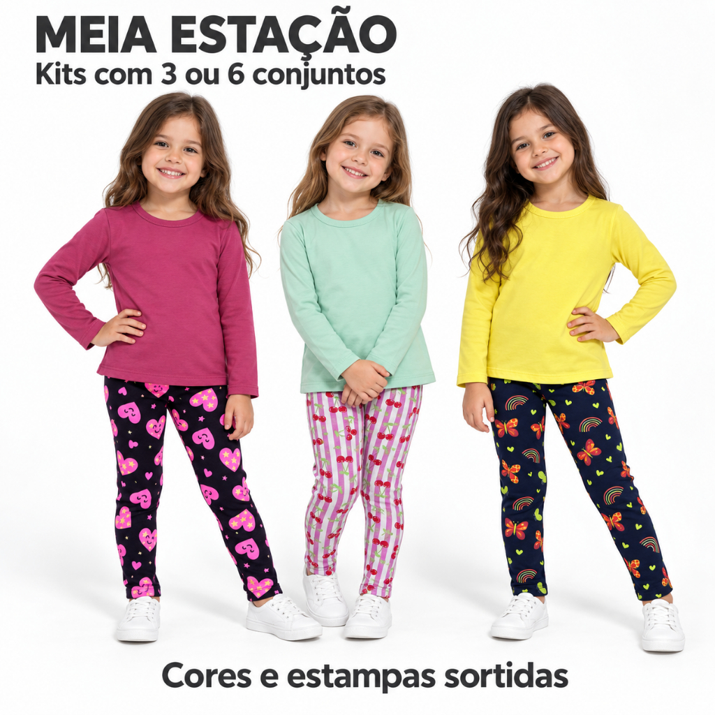 Conjunto Infantil Feminino Meia Estação em Cotton Blusa Manga Longa + Legging Estampada 1 ao 10