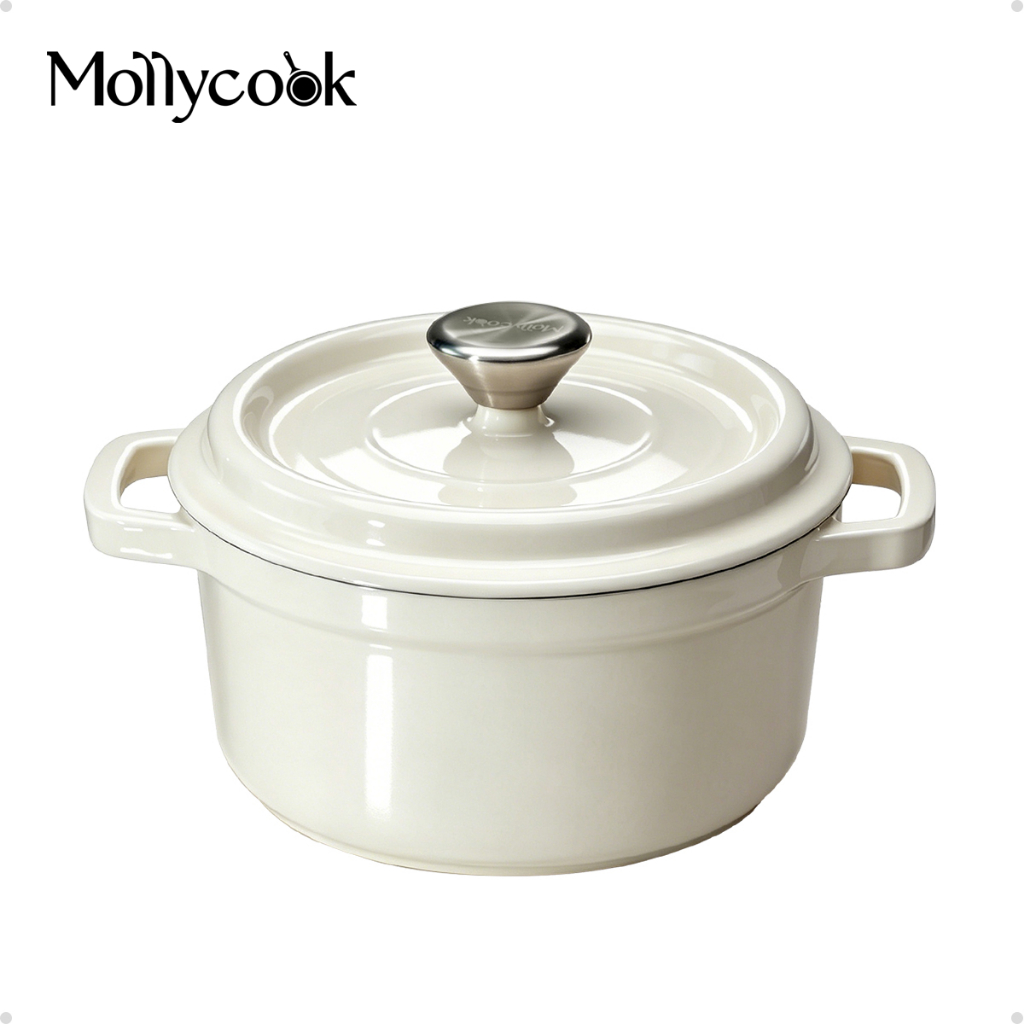 Mollycook Panela Caçarola Esmaltado de Ferro Antiaderente  2.7L/3.8L Para Gás e Indução Branco Linha Luna