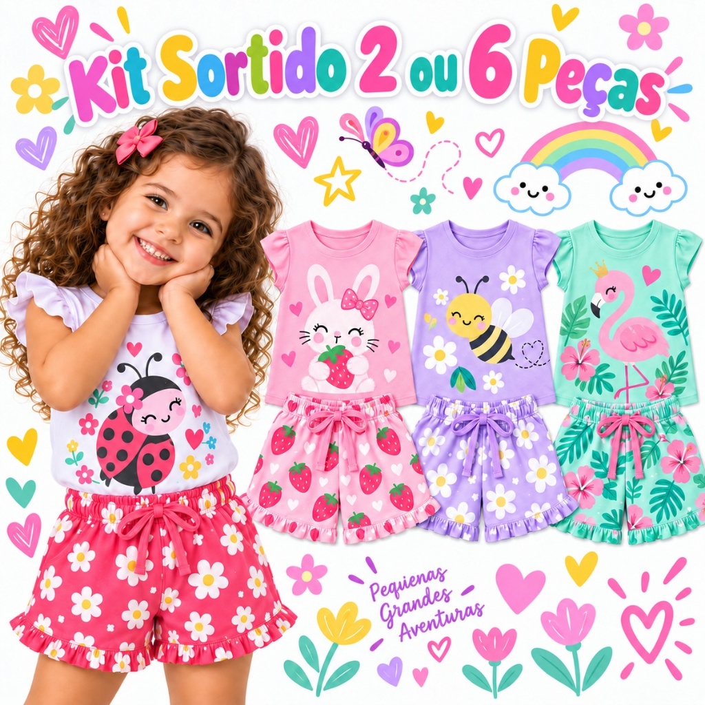 Kit Sortido 2 ou 6 Peças Roupa Infantil Verão Menina Conjunto Infantil Bebê Menina Conjuntos Verão Entrega Rapida