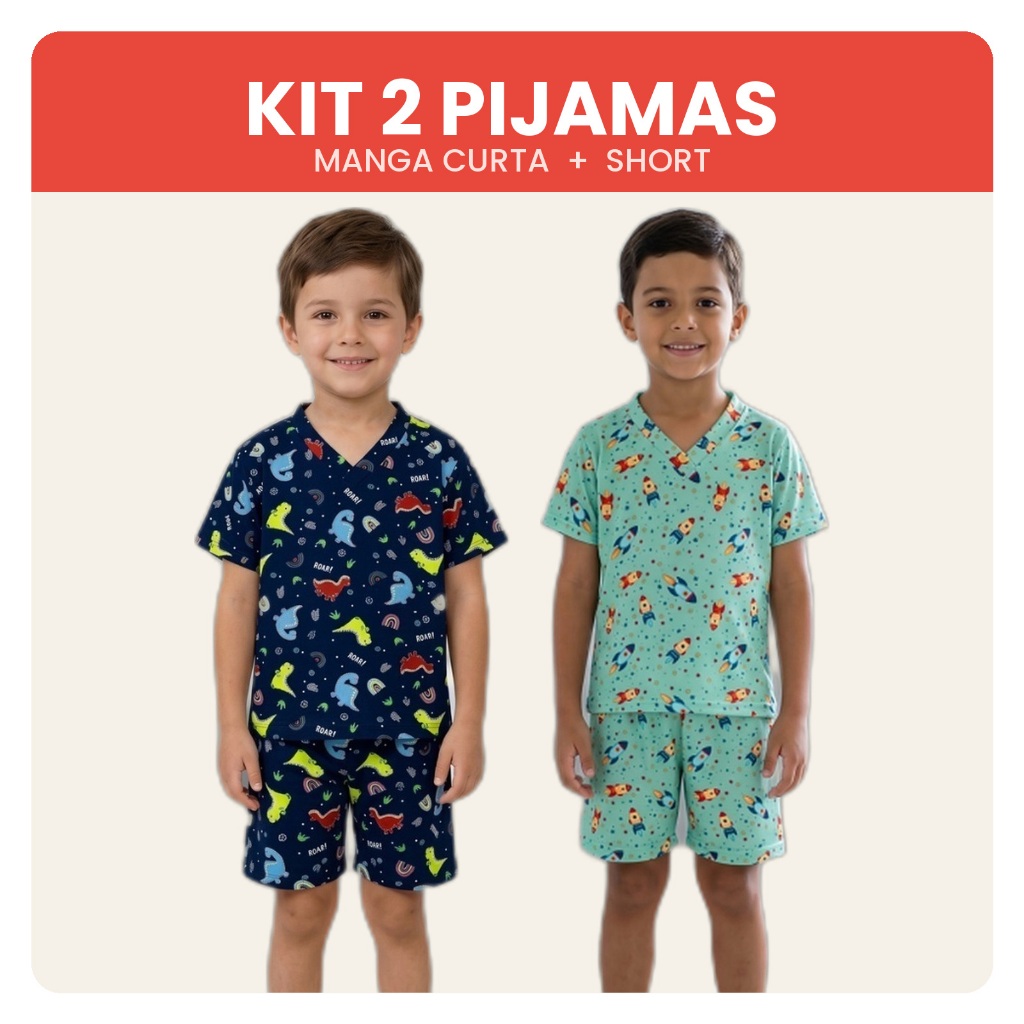 Pijama Infantil Menino Kit 2 Pijamas Manga Curta e Short Verão Soft Suede Masculino Estampas Sortidas 1 a 12 Anos