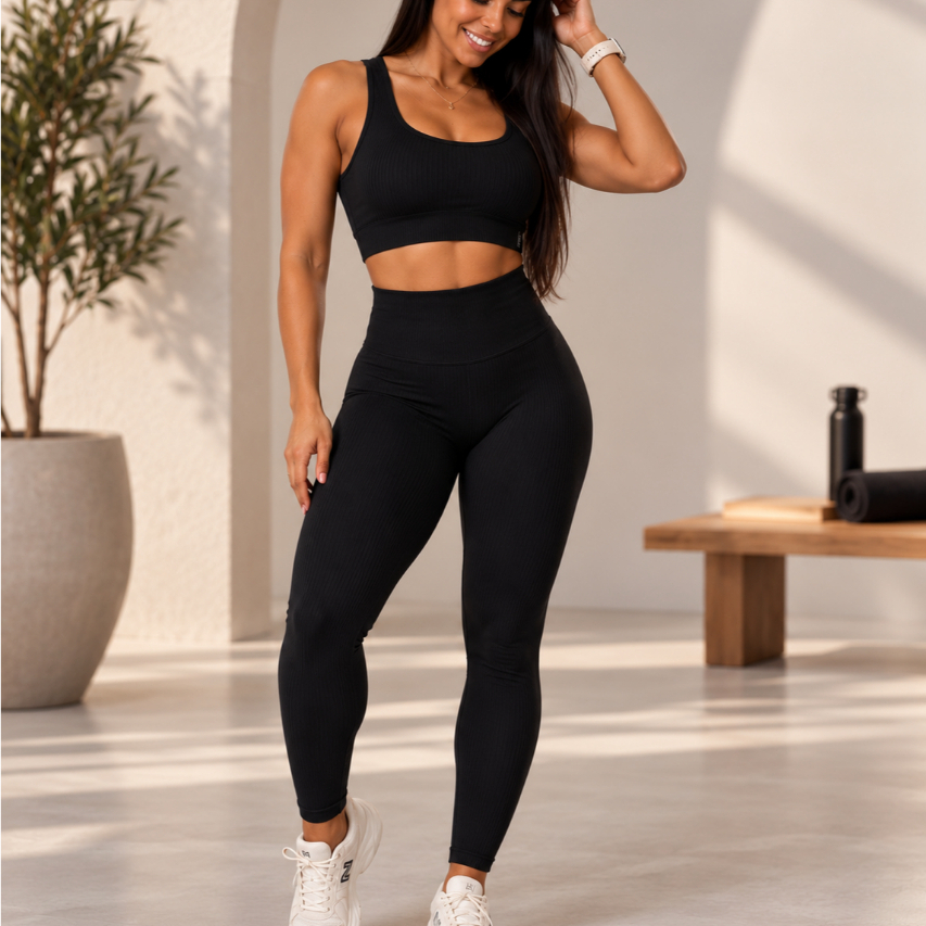 Conjunto Fitness Feminino Academia Canelado Legging Cintura Alta + Top Sem Bojo Não Transparente