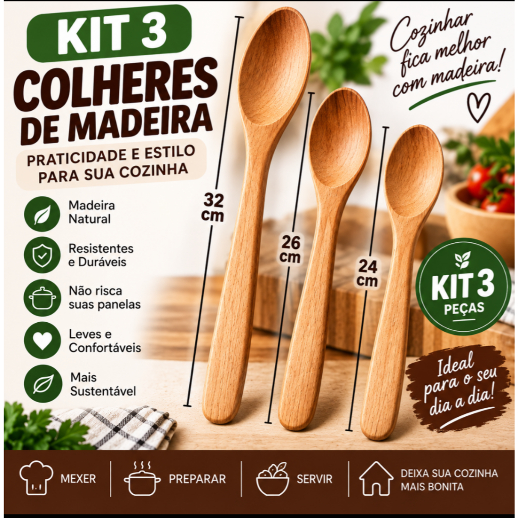 Kit 3 Colheres de Pau Madeira Maciça Natural Polida 32cm 26cm 24cm para Cozinha