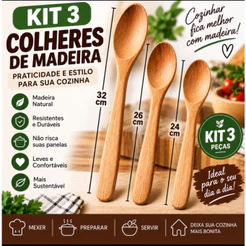 Kit 3 Colheres de Pau Madeira Maciça Natural Polida 32cm 26cm 24cm para Cozinha