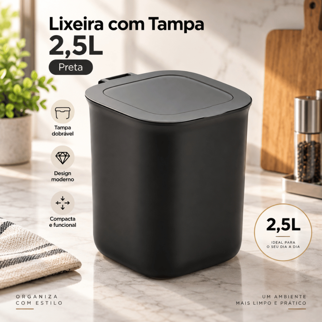 Lixeira 2,5L com Tampa Dobrável Preta Compacta para Pia Cozinha Banheiro Escritório