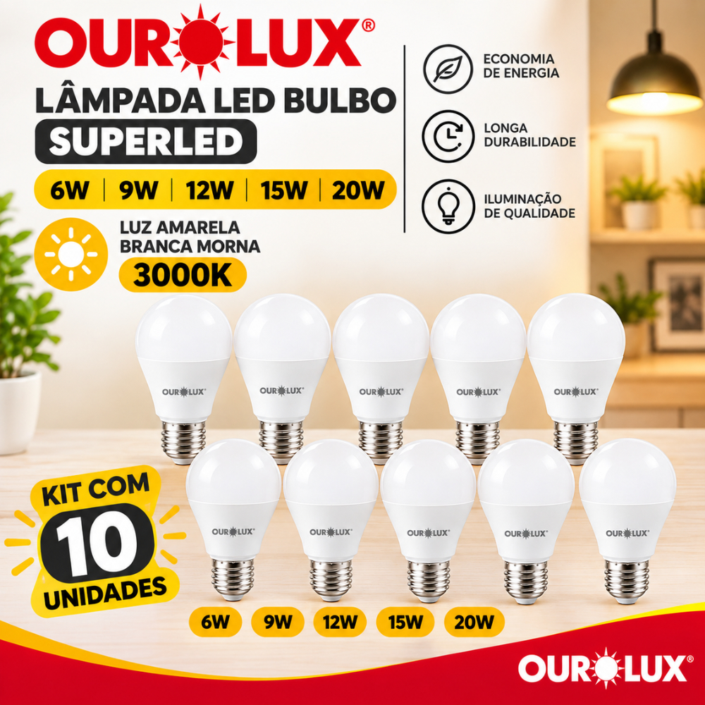 Kit 10 Lâmpadas Led Bulbo Superled Ourolux 6W 9W 12W 15w ou 20w Branca Morna 3000k Luz Amarela