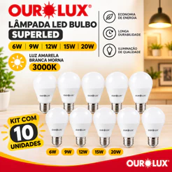 Kit 10 Lâmpadas Led Bulbo Superled Ourolux 6W 9W 12W 15w ou 20w Branca Morna 3000k Luz Amarela