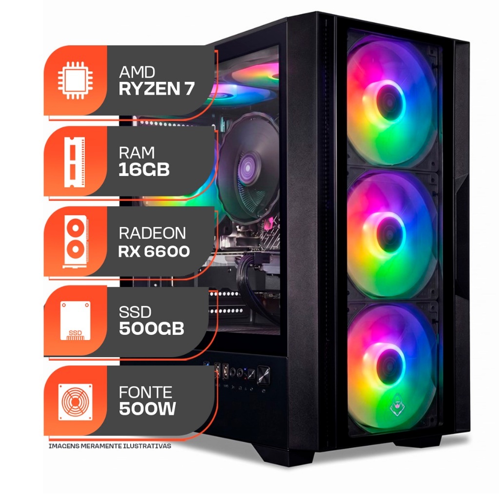 PC Gamer Spectrum, AMD RYZEN 7 5700X, Water Cooler, Radeon RX 6600 8GB, 16GB DDR4, SSD M.2 500GB, Fonte 500W 80 Plus