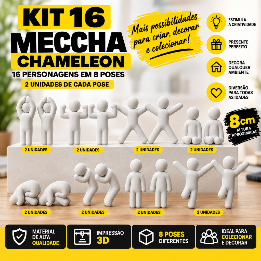 Kit 16 Bonecos Meccha Chameleon 3D 8 Poses Diferentes Personagens Miniaturas Decoração Criativa