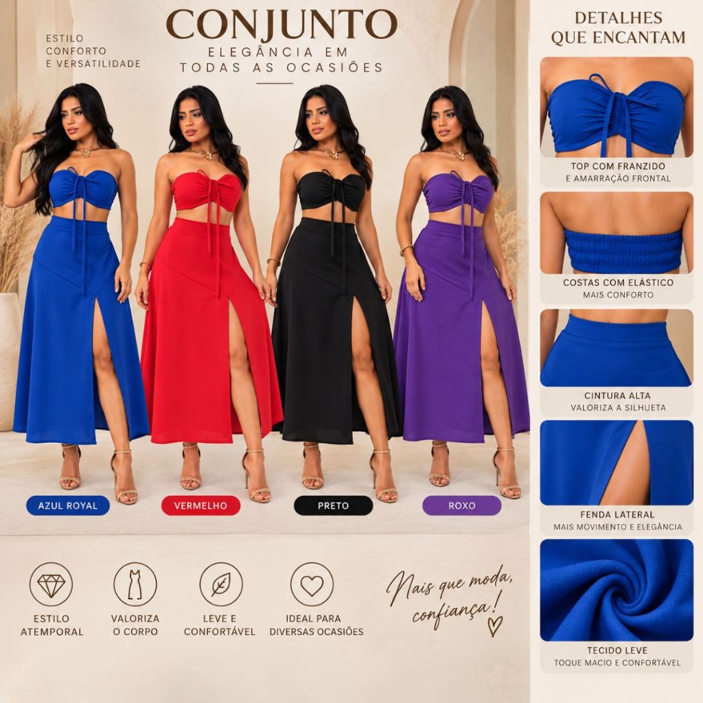conjunto linho crop saia midi moda femenina casual bonita elegante saída de praia — imagem 2 de 2