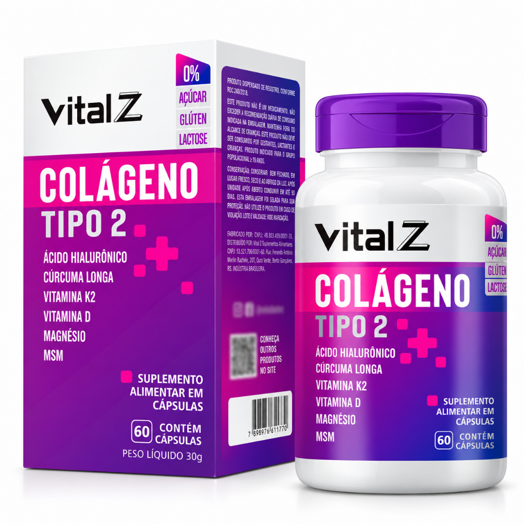Colágeno Tipo 2 + Ácido Hialurônico + Cúrcuma + Vitaminas K2 e D – 60 Cápsulas Vital Z