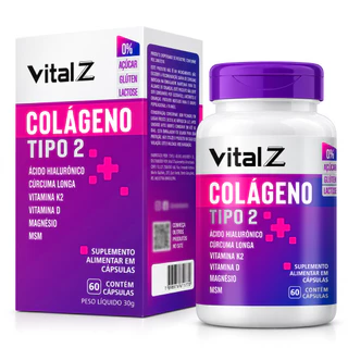 Colágeno Tipo 2 + Ácido Hialurônico + Cúrcuma + Vitaminas K2 e D – 60 Cápsulas Vital Z