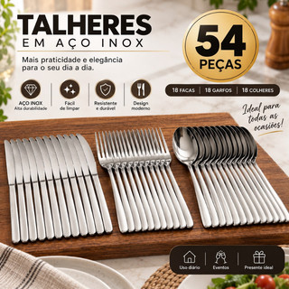 Jogo Talheres Inox 36 54 72 Peças Faca Garfo Colher de Mesa Cozinha Restaurante Prata Resistente Faqueiro