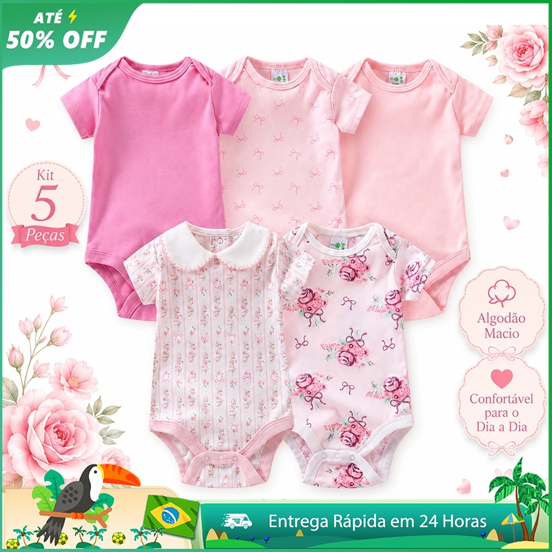 Kit 5 Bodies Bebê Menina Manga Curta Floral Rosas e Laços 0 a 9 Meses