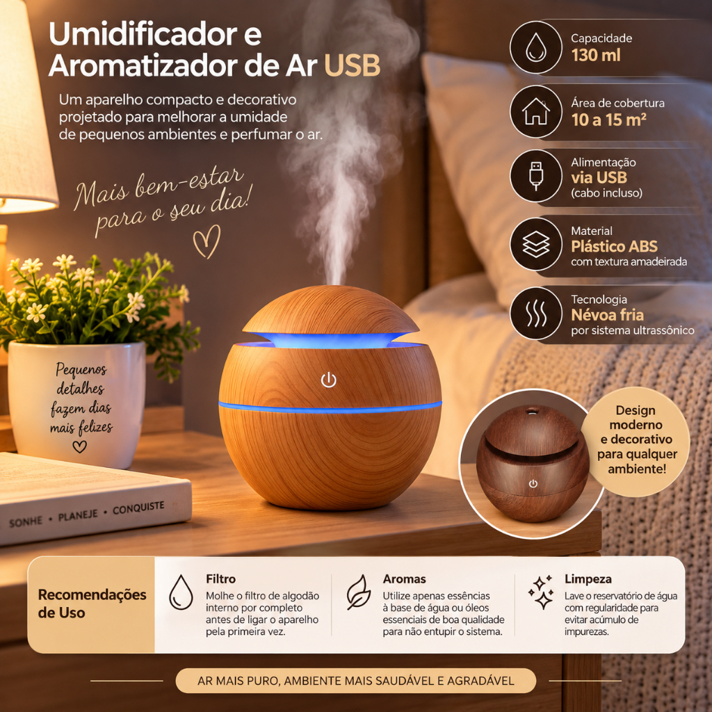 Umidificador de Ar Difusor Aromatizador Purificador Ultrassônico Silencioso 130ML Recarregável USB com LED Colorido
