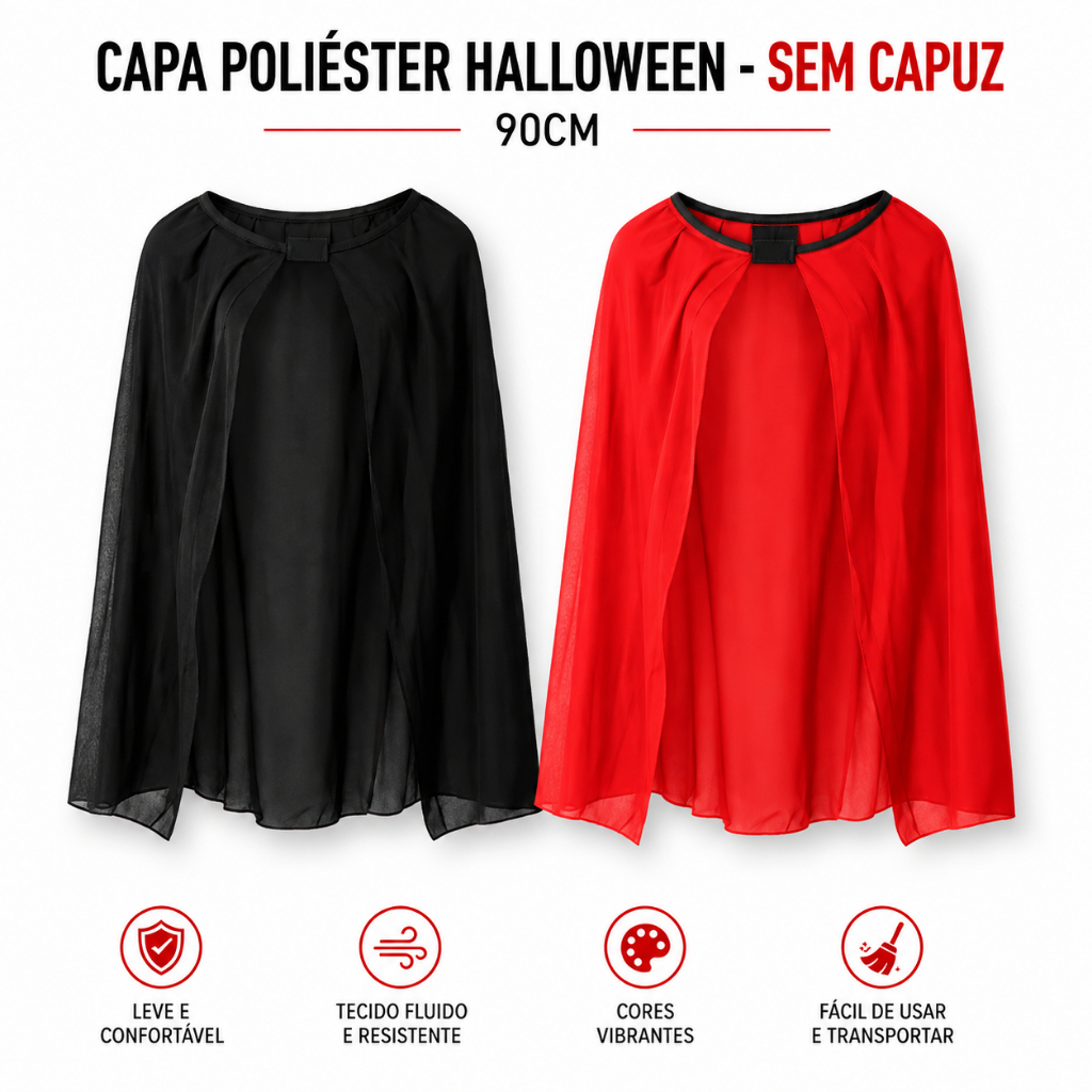 Capa De Fantasia Sem Capuz 90cm Em Poliéster Preta Ou Vermelha Para Halloween Vampiro Carnaval Teatro