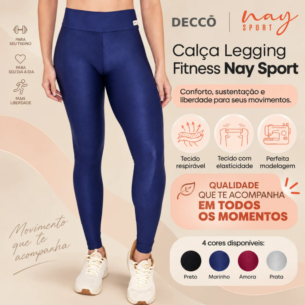 Calça Legging Nay Sport Curves Rip Brilho Confortável Elasticidade Fitness