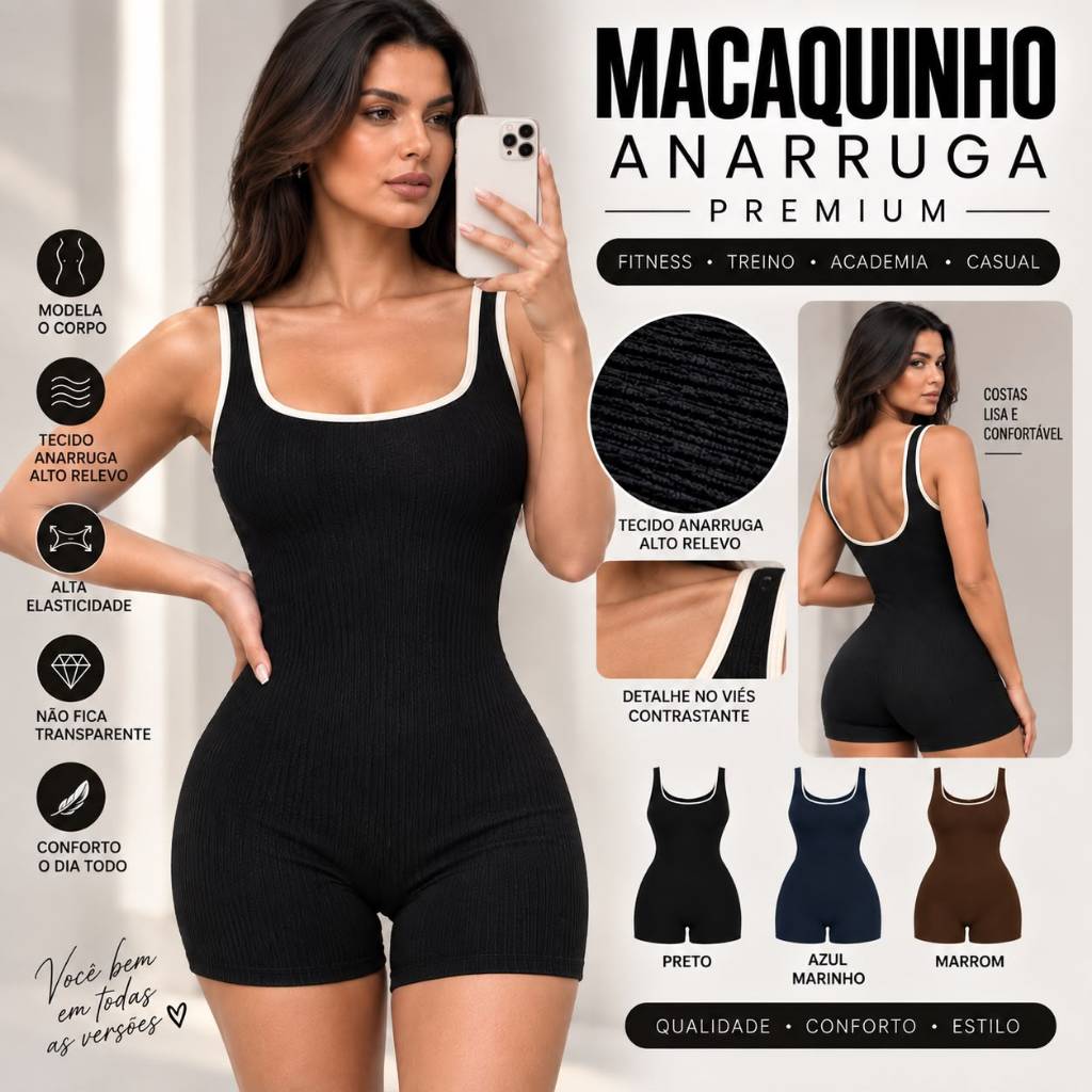 Macaquinho Feminino Premium Canelado Anarruga Modelador Moda Fitness Treino Academia