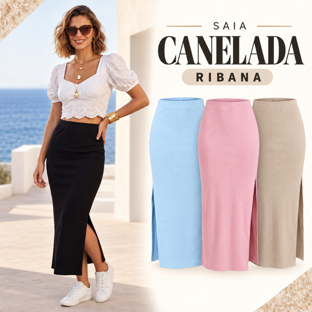 Saia Basica Longa em Ribana com Fenda Lycra Modeladora Cintura Alta
