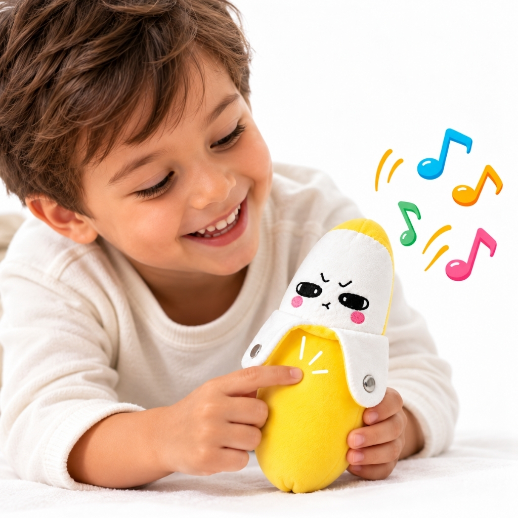 Brinquedo Musical Interativo Pelucia Banana Sensor De Toque Com Som E Melodia