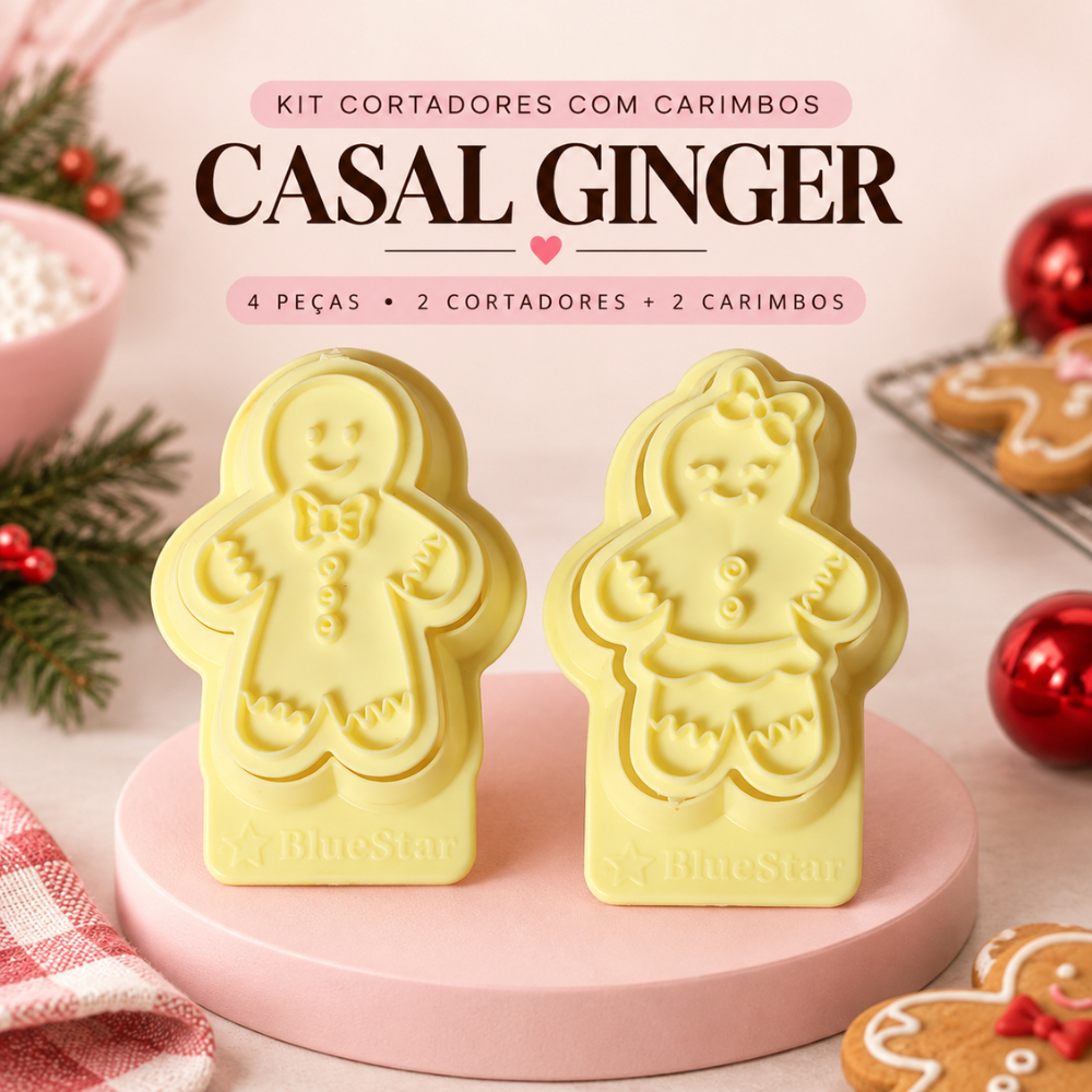 Kit Cortadores com Carimbos Biscoito Casal Ginger 7cm BlueStar Marcador Natal Massas Pasta Americana