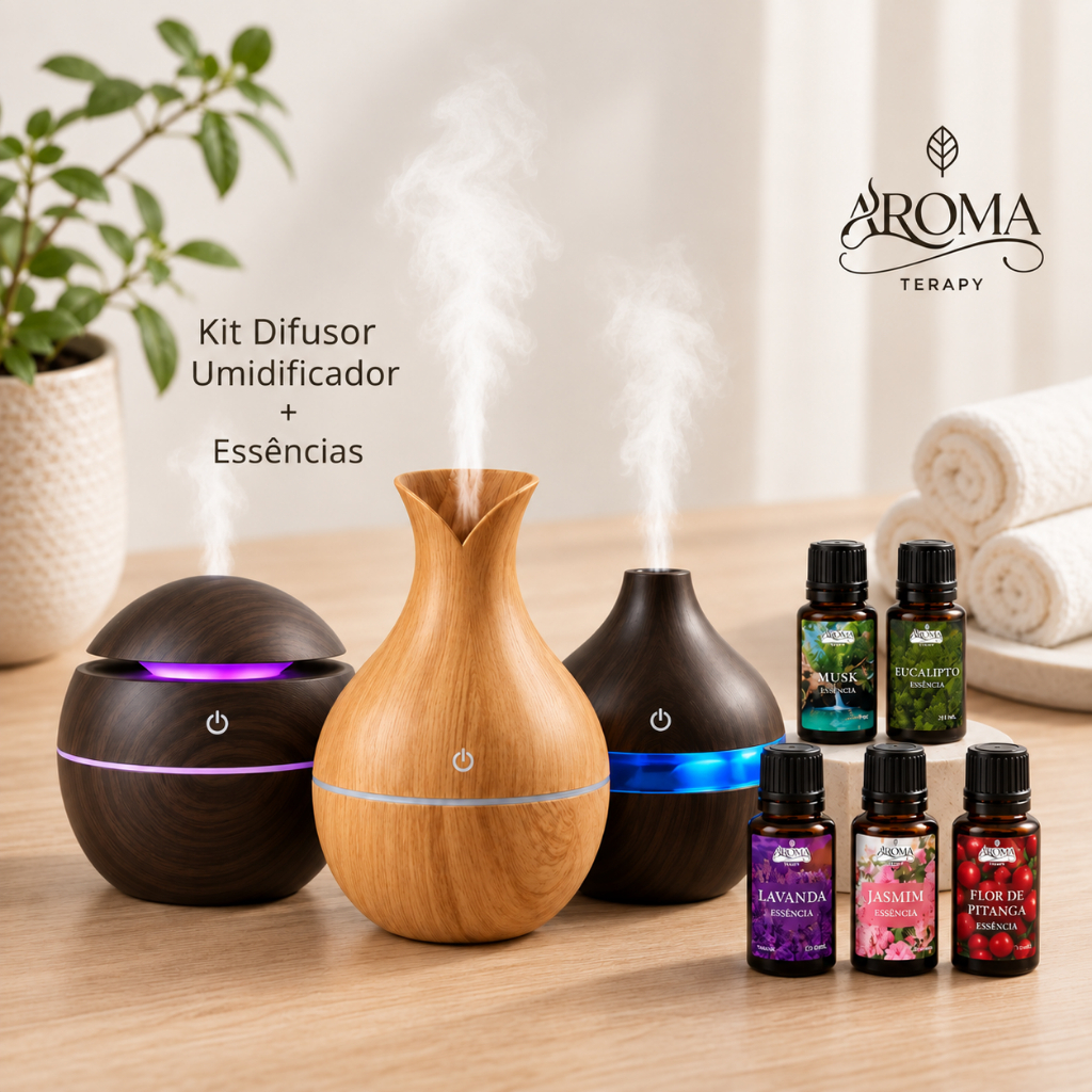 Umidificador De Ar + 3 Essências Aromaterapy Difusor Modelo 200ml | Essências 20ml Original