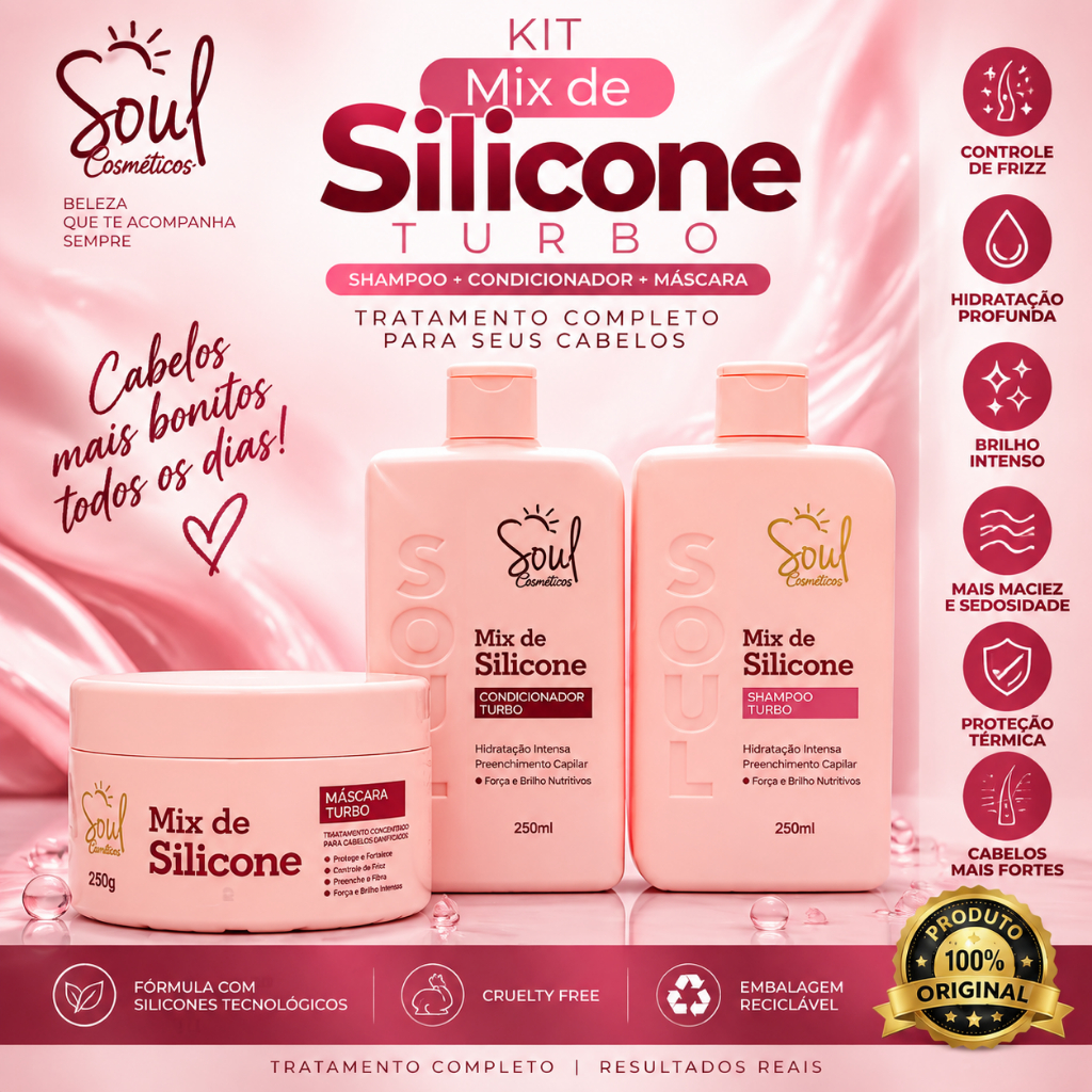 Kit Soul Mix Silicone Turbo Shampoo Condicionador Máscara 750ml Tratamento Anti Frizz Brilho