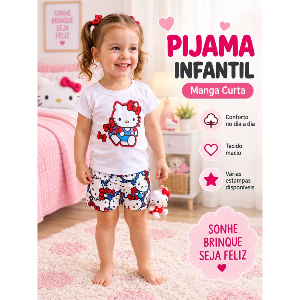 Pijama Infantil Menina Curto Conjunto Camiseta e Short Estampado Confortável