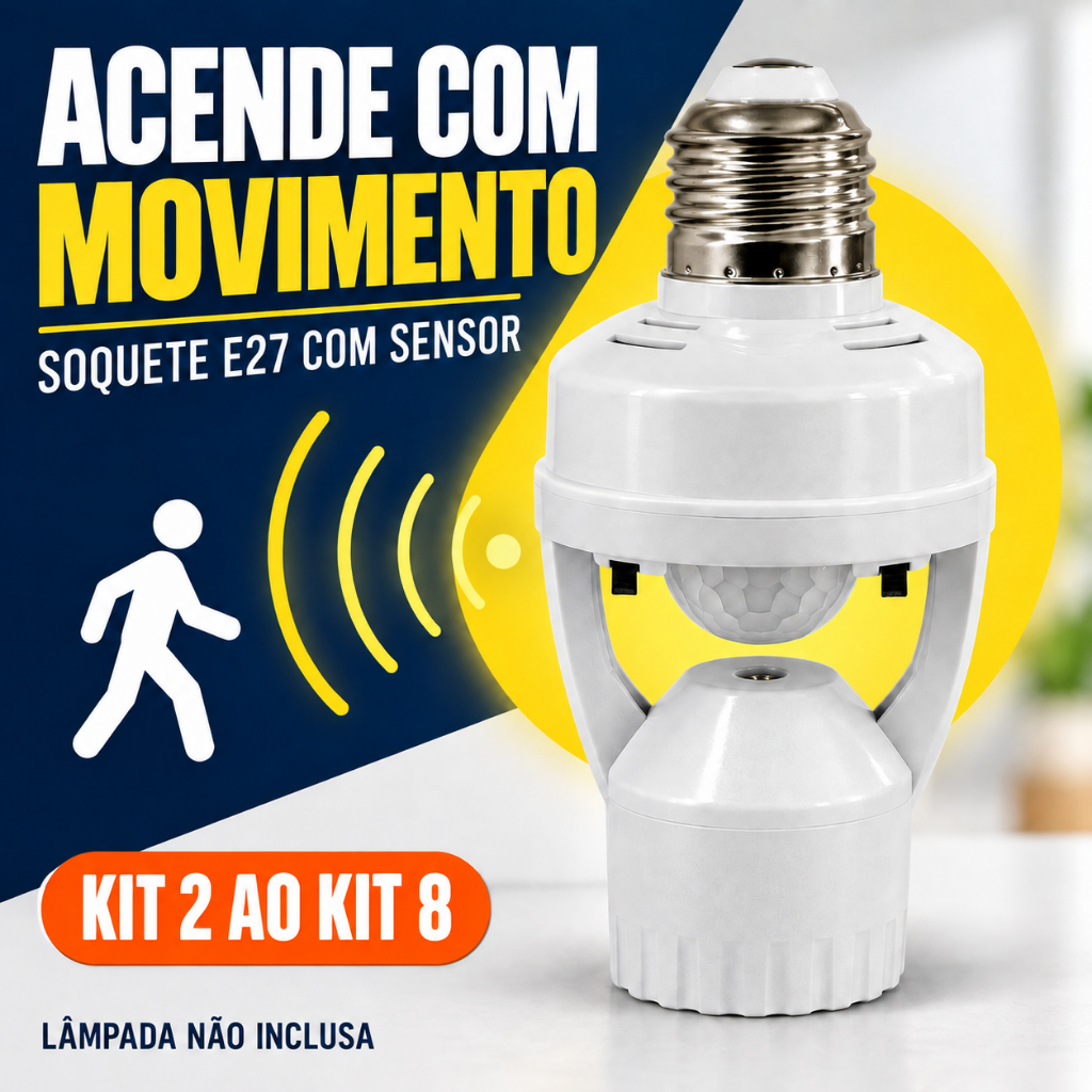 Soquete E27 com Sensor de Presença e Movimento Bivolt 110V/220V até 60W para Lâmpada Kit 2 a 8 Unidades