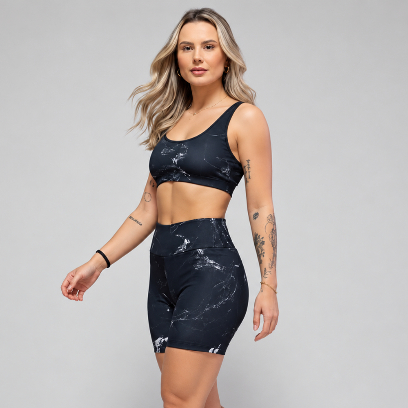 Kit 2 Conjuntos Femininos Academia Top + Shorts Fitness Estampado Marmorizado Zero Transparência
