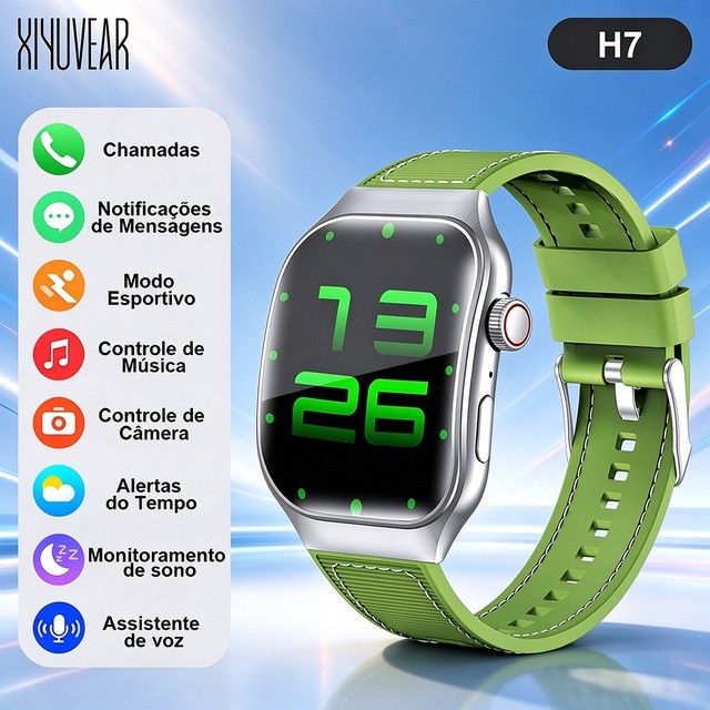 Smartwatch H7 Verde Prateado Tela 2,01" IPS Chamadas Bluetooth, Notificações, Música Android iOS