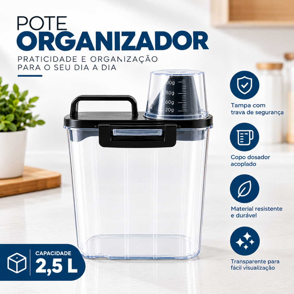 Pote Hermético 2.5L Com Copo Medidor Bico Dosador Cozinha Mantimentos Lavanderia Multiuso Grãos Ração Liquido