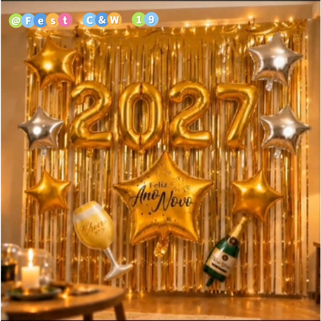 Kit Decoração Balões 2027 + 7pc Balões Estrelas + Champanhe e Taça + 2 Cortinas Para Festa Comemoração Feliz Ano Novo
