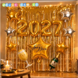 Kit Decoração Balões 2027 + 7pc Balões Estrelas + Champanhe e Taça + 2 Cortinas Para Festa Comemoração Feliz Ano Novo