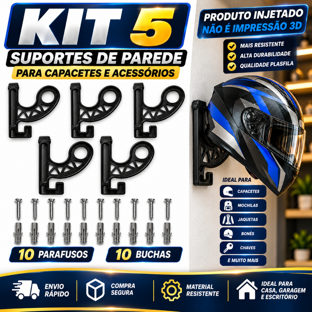Kit 5 Suportes Gancho Parede para Capacete Moto Bike Organizador Boné Mochila Jaqueta Chaves Acessórios Garagem Oficina
