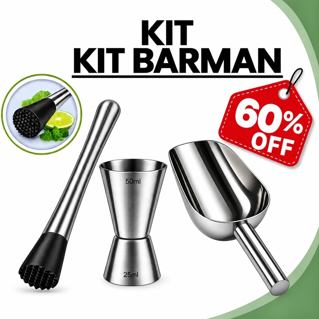 Kit Barman Inox Caipirinha Barman Barmen 3 Peças Profissional Socador Pa Gelo Copo Dosador