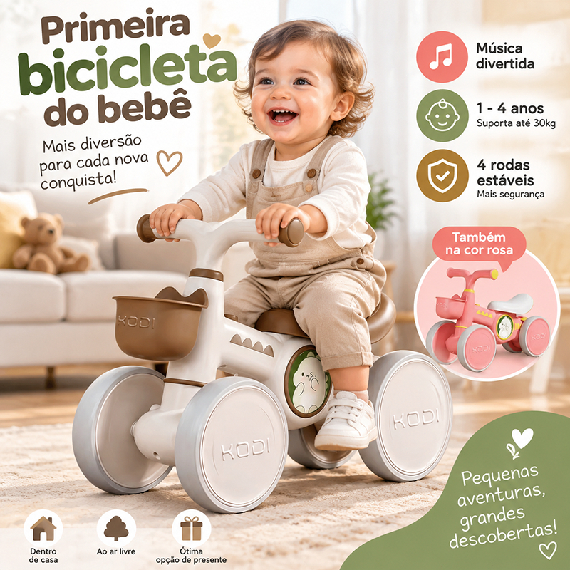 Dinosauros Bicicleta Equilíbrio Infantil Andador Sem Pedal 4 Rodas Com Luzes e Música para 1-3 Anos Bebê P25