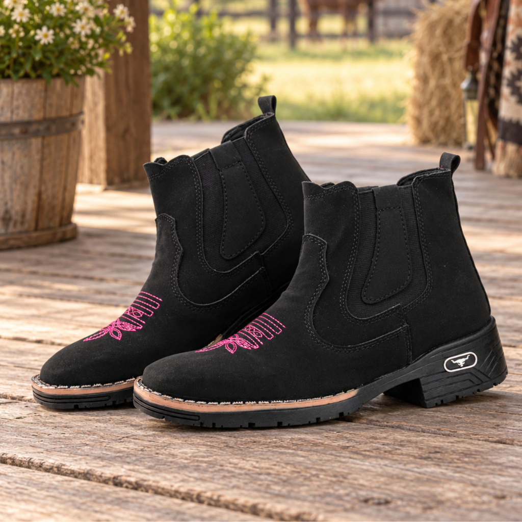 Botina Bota Country Feminina Texana Bordado Rosa Confortável Ana Castela