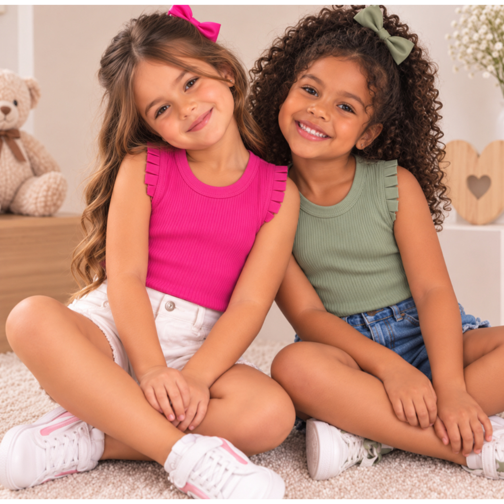 Kit 2 Blusinhas femininas Caneladas para Meninas com Babado Moda Infantil P M G Cores Sortidas sem mangas variadas