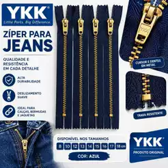 Ziper YKK Azul Kit 10 Unidades Metal Dourado Fixo Alta Qualidade para Costura