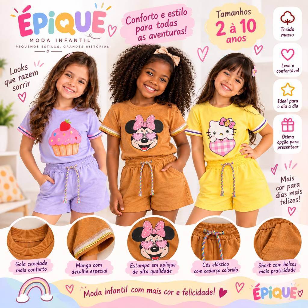 Kit Conjunto Infantil Menina 6 Peças – 3 Conjuntos Blusa + Short – Alta Qualidade – Roupas Infantis Femininas 2a10 Anos